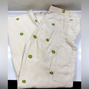 Forever 21 Cream corduroy cargo pants with happy flowers